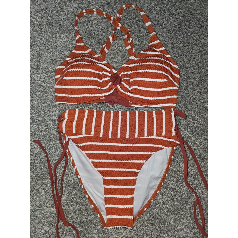 NWT Blooming Jelly Womens Rust Orange White Striped High Waisted Bikini Size M